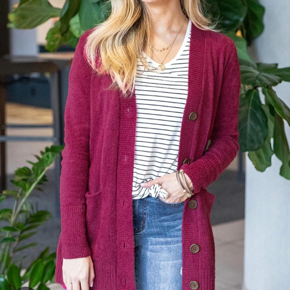 Grace & Lace Deep Red Button-Up Cardigan